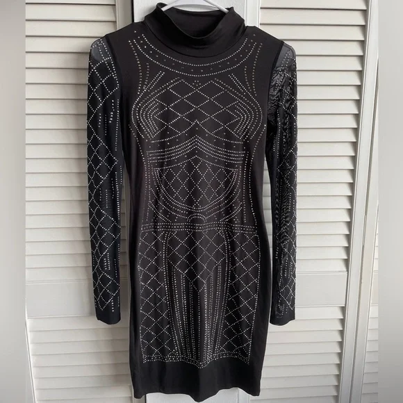 halloween costumes with black mini dress Mock Long Sleeve Pearl Velvet Dress  IULOVER